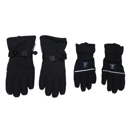 The set includes one pair of black winter gloves, size 4-6Y, and one pair of black softshell gloves, size 4-6Y.