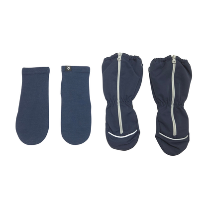The set includes one pair of navy wool mitten, size 2-4Y, and one pair of navy shell mittens, size 2-4Y.