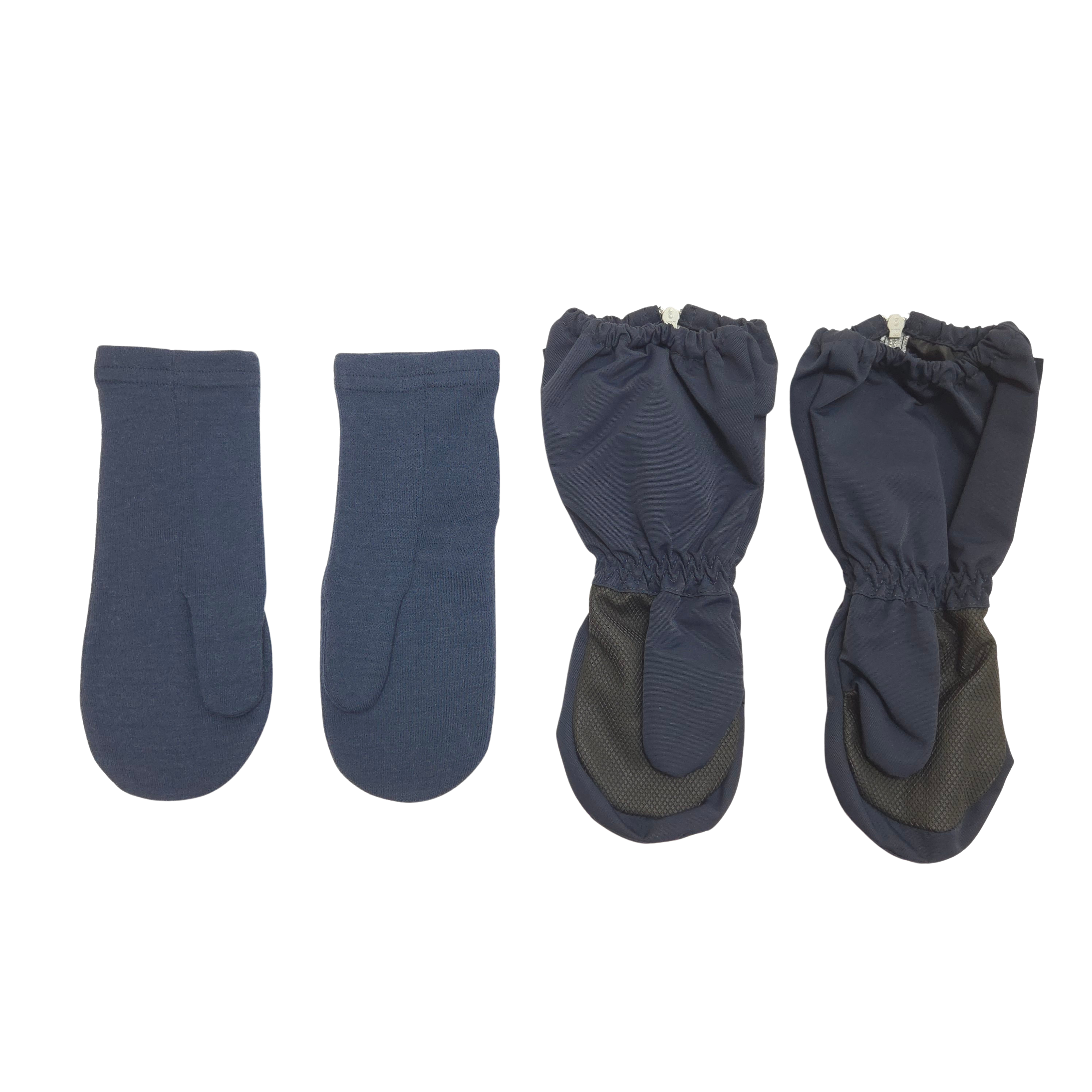 The set includes one pair of navy wool mitten, size 2-4Y, and one pair of navy shell mittens, size 2-4Y.
