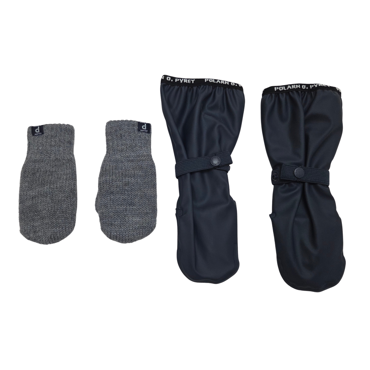 The set includes one pair of grey wool mittens, size 1-2Y, and one pair of navy rain mittens, size 1-2Y.