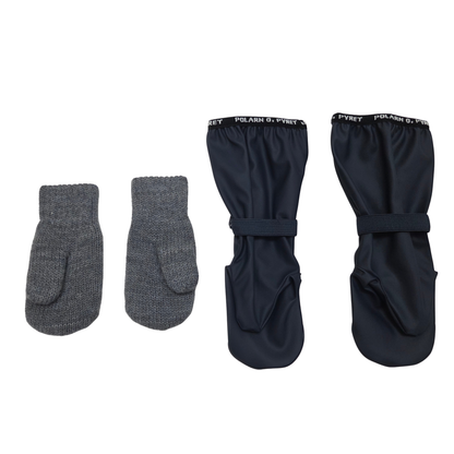 The set includes one pair of grey wool mittens, size 1-2Y, and one pair of navy rain mittens, size 1-2Y.