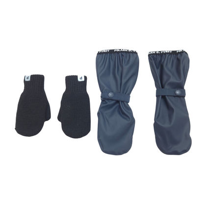 The set includes one pair of black wool mittens, size 1-2Y, and one pair of navy rain mittens, size 1-2Y.