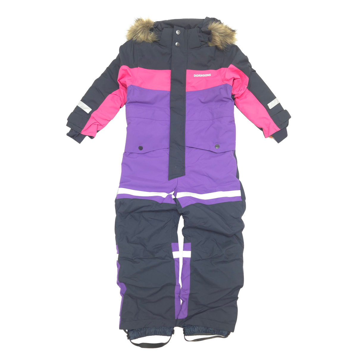 A pair of children's snow suit laid flat on a white background, featuring a color-blocked design with black at the top, purple in the middle, and bright pink at the between, with a brown faux-fur trim at the hood.