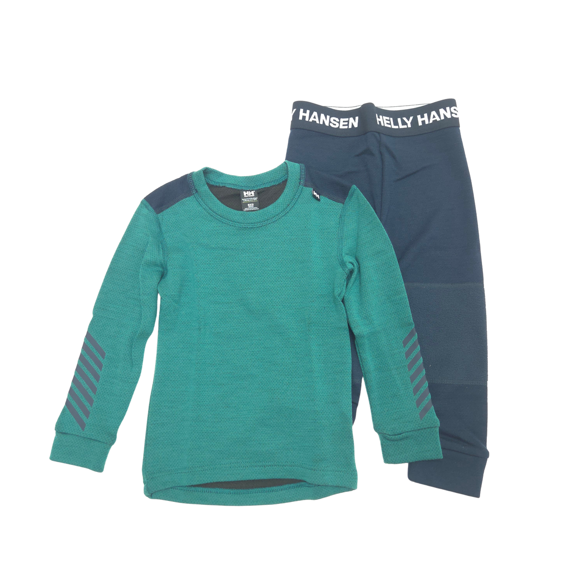 A toddler's two-piece base layer set from Helly Hansen, featuring a teal long-sleeve top with dark green shoulder panels and sleeve stripes, paired with dark green pants with a white branded waistband.