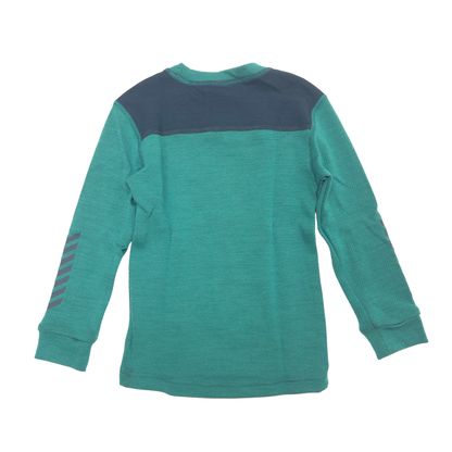 A long-sleeve knit shirt shown from the back, featuring a teal-green body, a dark navy shoulder yoke, and three diagonal navy stripes on the left sleeve cuff.