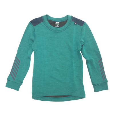 A children's long-sleeve knit top in teal green with dark navy shoulder panels and gray striped accents on the sleeves, shown flat against a white background.