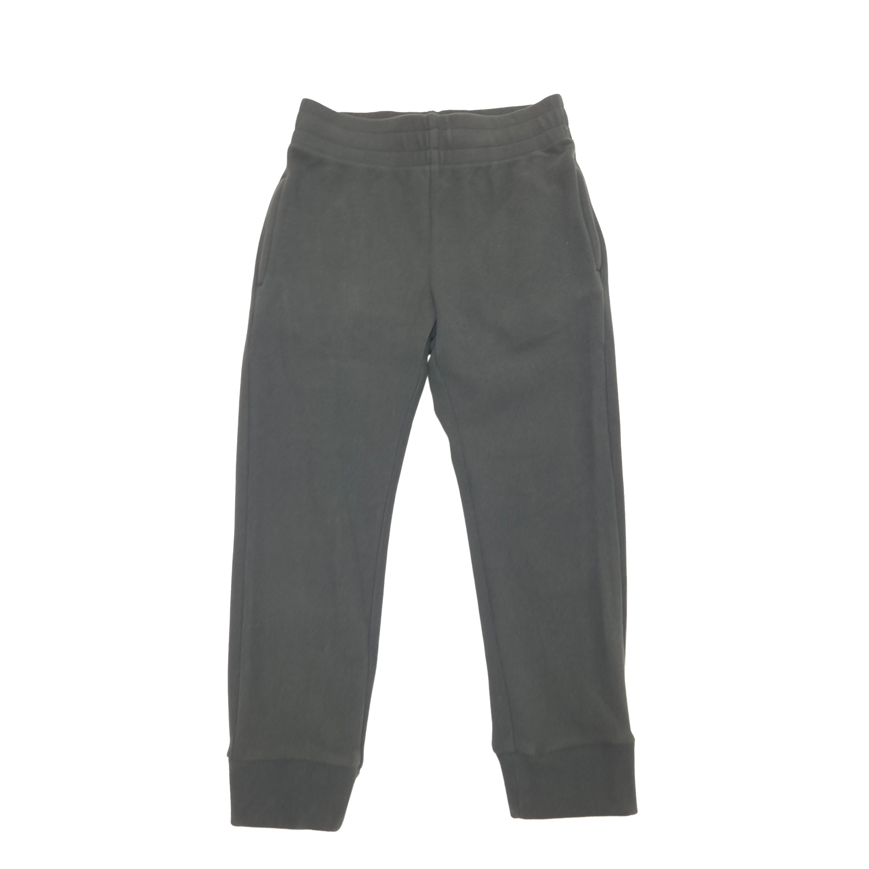 A pair of black jogger pants with an elastic waistband and ribbed ankle cuffs, shown flat against a plain white background.