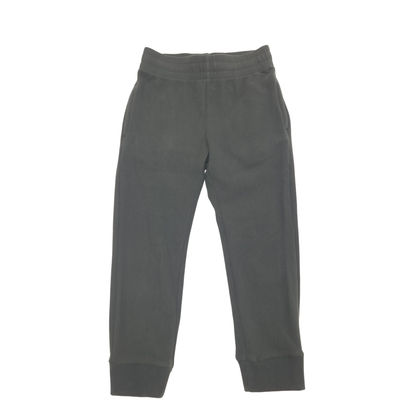 A pair of black jogger pants with an elastic waistband and ribbed ankle cuffs, shown flat against a plain white background.