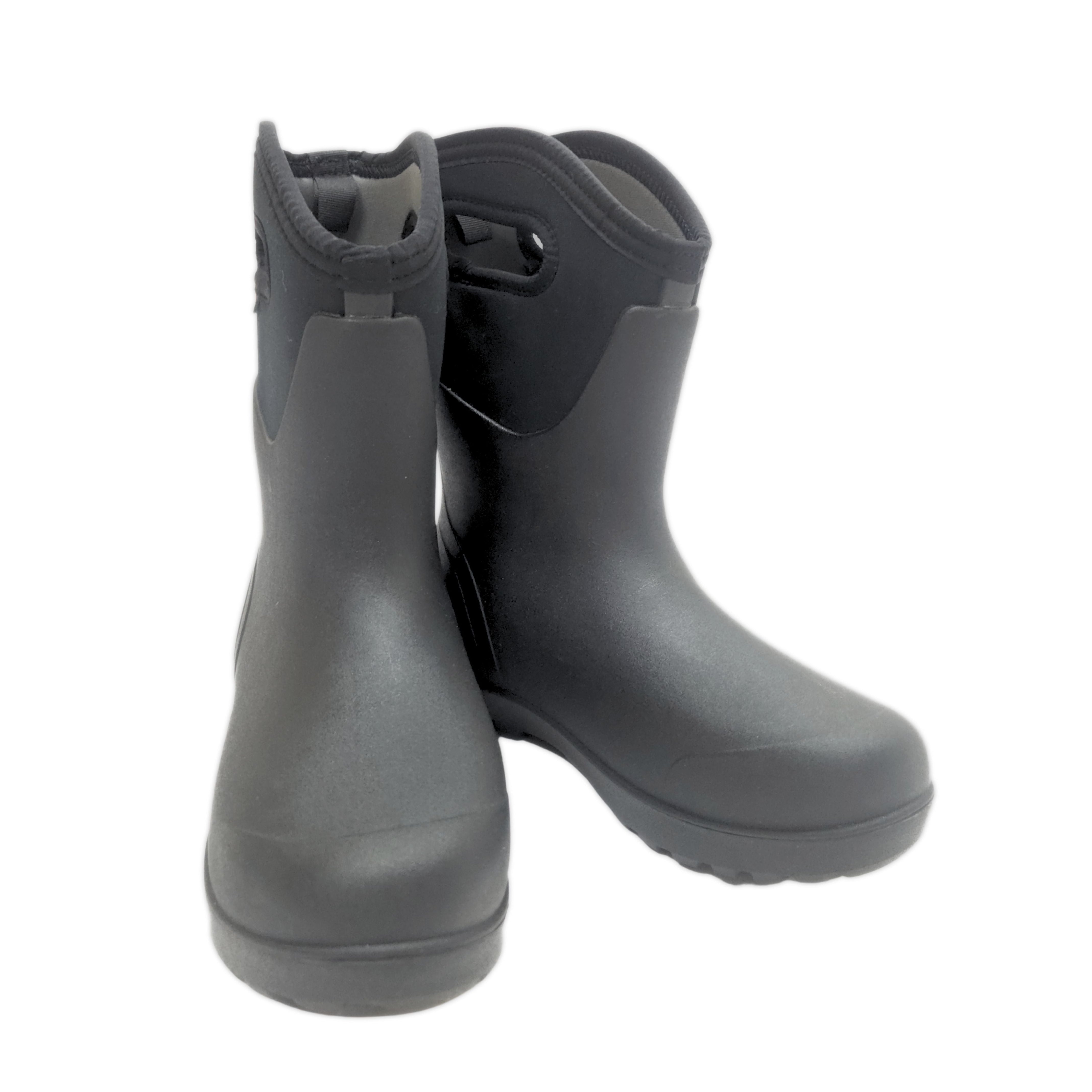 A pair of black rubber rain boots shown on a plain white background.