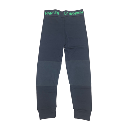 Navy wool pants with green text branding on the waistband and fleece  patchwork panels on the legs, shown flat on a white background.