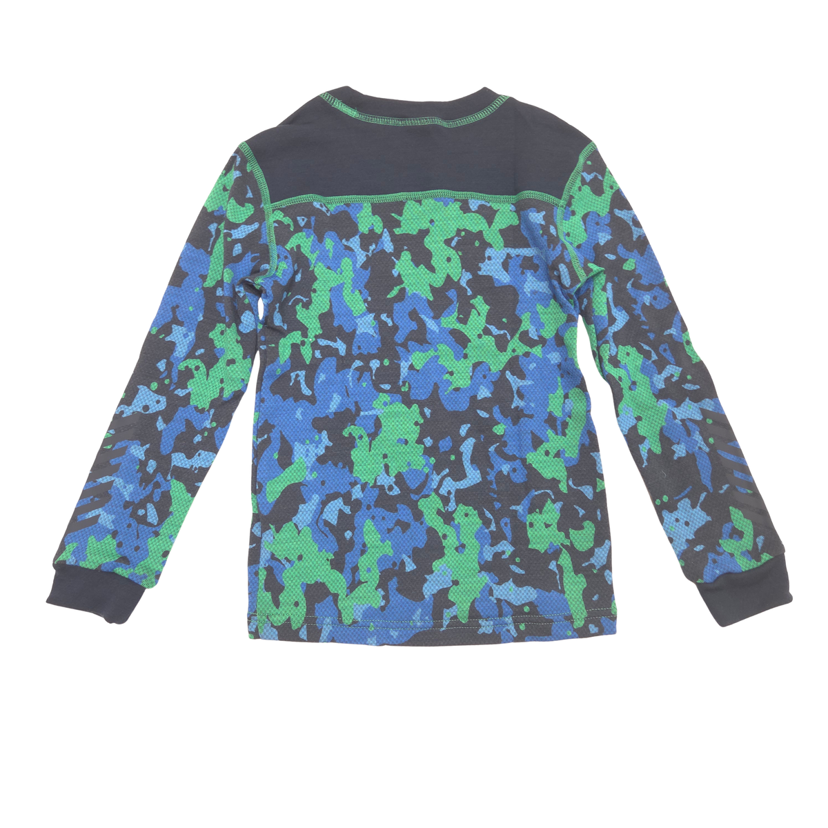A long-sleeve children's shirt shown from the back, featuring a blue, green, and dark gray camouflage pattern with a solid dark gray yoke at the shoulders.
