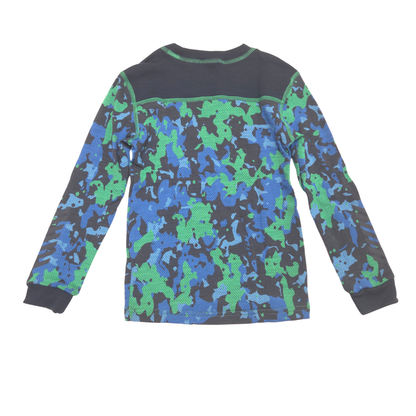 A long-sleeve children's shirt shown from the back, featuring a blue, green, and dark gray camouflage pattern with a solid dark gray yoke at the shoulders.