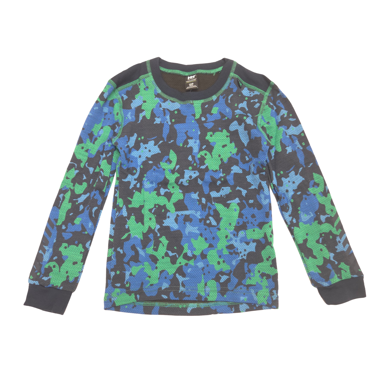 A long-sleeve crewneck base layer shirt for kids featuring a blue, green, and black camouflage pattern, laid flat against a white background.