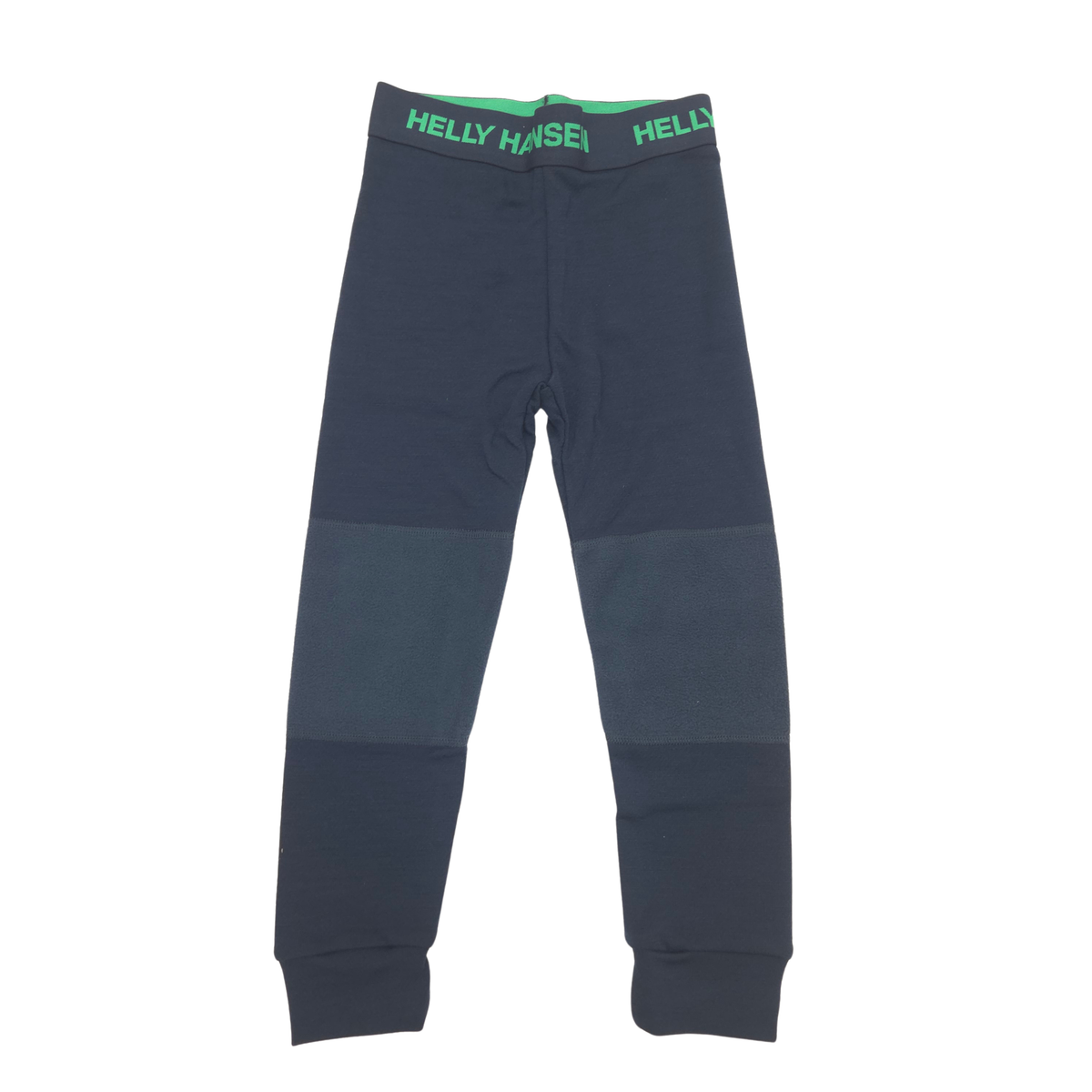 A pair of dark navy blue wool pants with fleece panels in navy, featuring a green elastic waistband with 'HELLY HANSEN' text