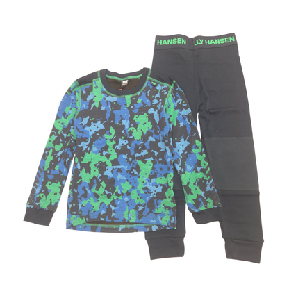 A two-piece children's base layer set, featuring a long-sleeve top with a blue, green, and black camouflage pattern, and navy pants with a green text on waistband.