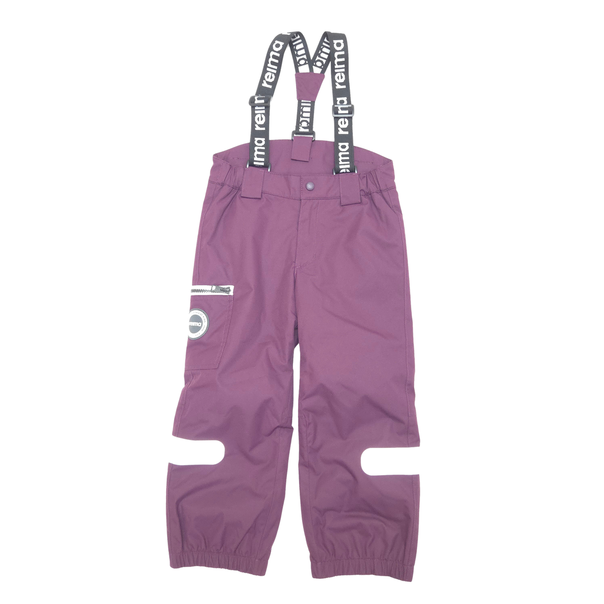 A pair of kids' shell pants in dusty purple, featuring integrated suspenders with black straps and white 'reima' branding, plus knee reflective stripes, shown against a plain white background.