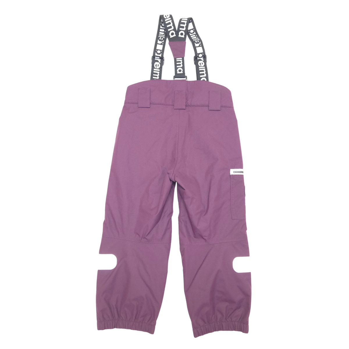 A pair of dusty purple shell pants with integrated suspenders featuring black straps and white text, shown against a plain white background.