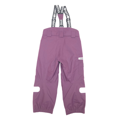 A pair of dusty purple shell pants with integrated suspenders featuring black straps and white text, shown against a plain white background.