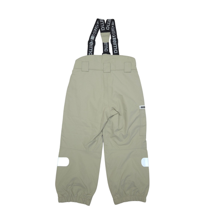 A pair of beige lined shell panst pants with adjustable black suspenders featuring white text, shown against a plain white background.