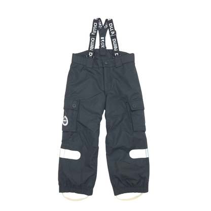 Black waterproof bib pants with white reflective strips on the lower legs and black suspenders printed with 'reima' in white.