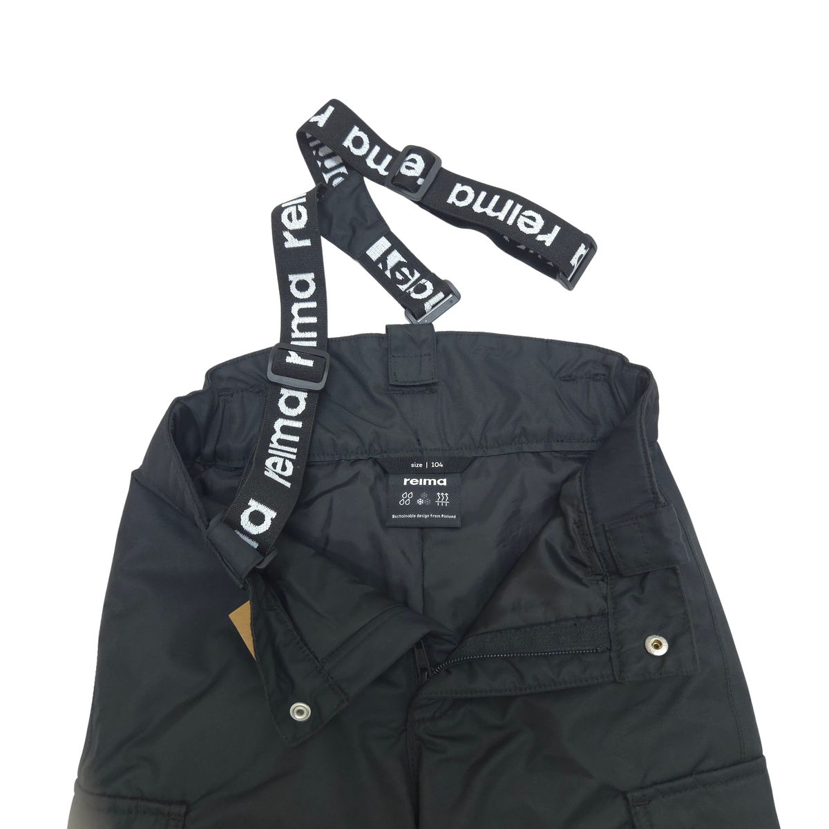 Black shell pants with adjustable black elastic straps featuring white 'reima' branding, shown on a plain white background.