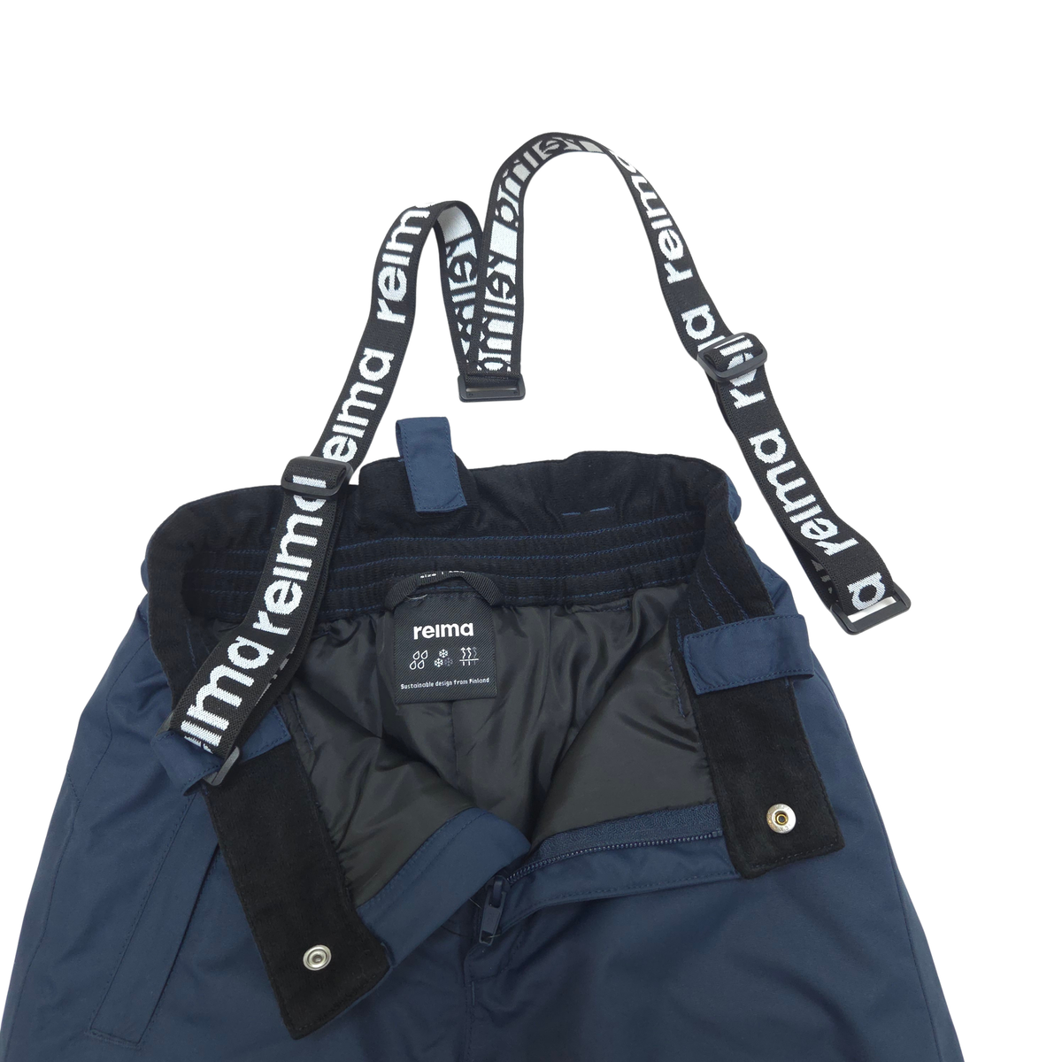 Close-up of navy blue Reima snow pants with black adjustable suspenders featuring white Reima branding, shown on a white background.