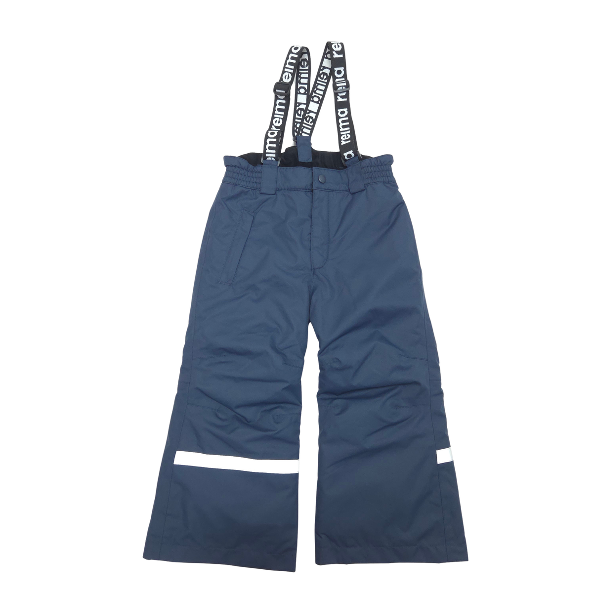 A pair of navy blue snow pants with white reflective stripes on the lower legs and black suspenders featuring white text, shown against a plain white background.