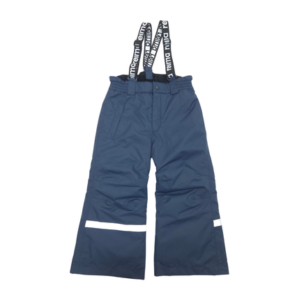 A pair of navy blue snow pants with white reflective stripes on the lower legs and black suspenders featuring white text, shown against a plain white background.