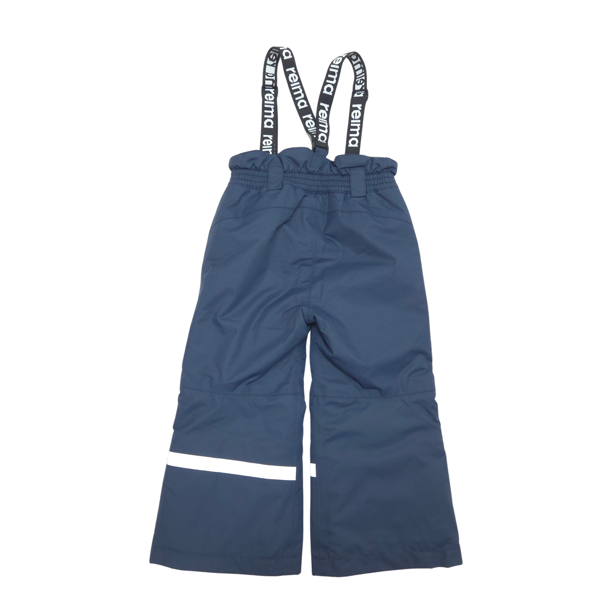 A pair of navy blue snow pants with adjustable black suspenders featuring white text, and a white reflective stripe near the lower left leg, shown against a plain white background.
