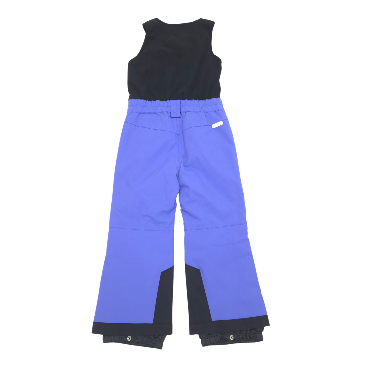 A children's sleeveless bib snow pants with a black sleeveless top and bright purple pants, shown flat against a white background.