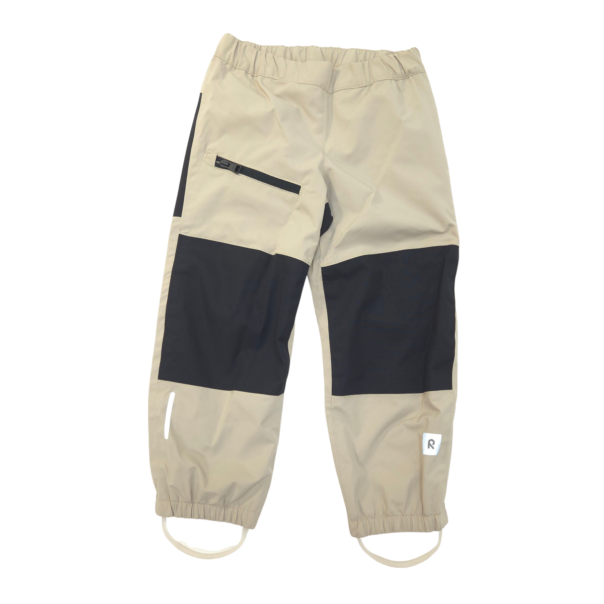 A pair of beige and black color-blocked pants with elastic cuffs, shown flat on a white background.