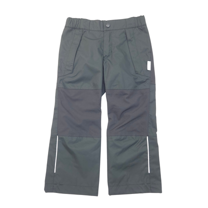 A pair of black outdoor pants with black reinforced knee panels and white reflective striping near the lower legs, shown flat on a white background.