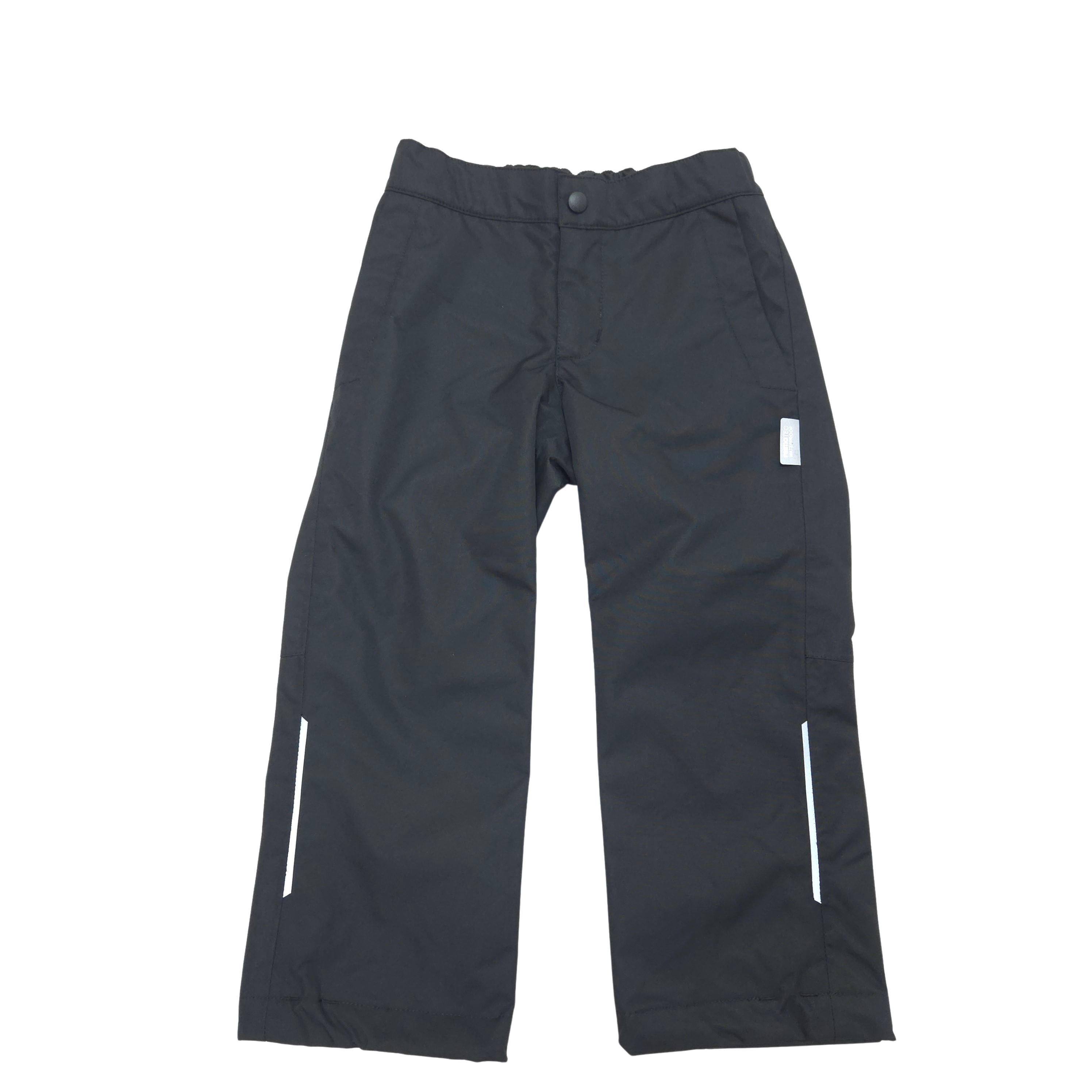 Black outdoor pants with reflective white striping on the lower legs, shown flat against a white background.