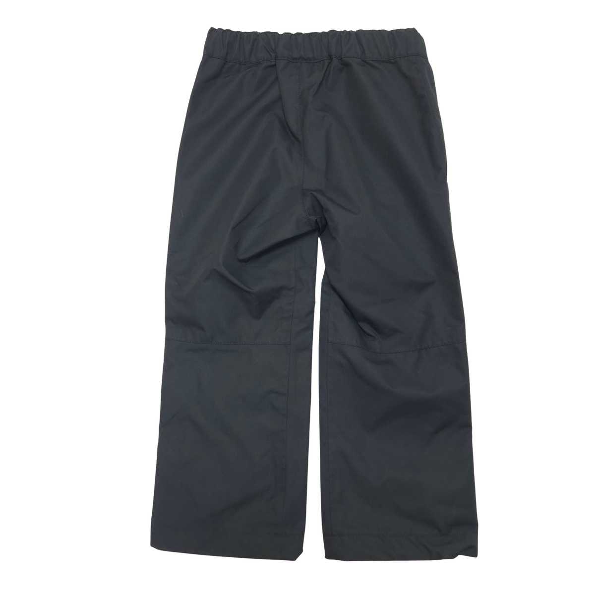 Black waterproof pants with an elastic waistband, laid flat on a white background.