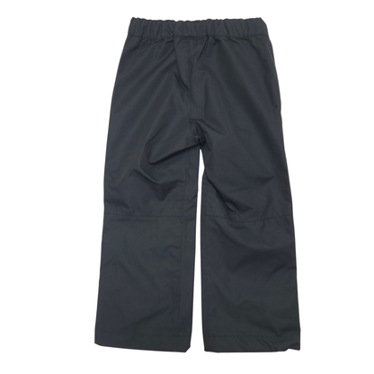 Black waterproof pants with an elastic waistband, laid flat on a white background.