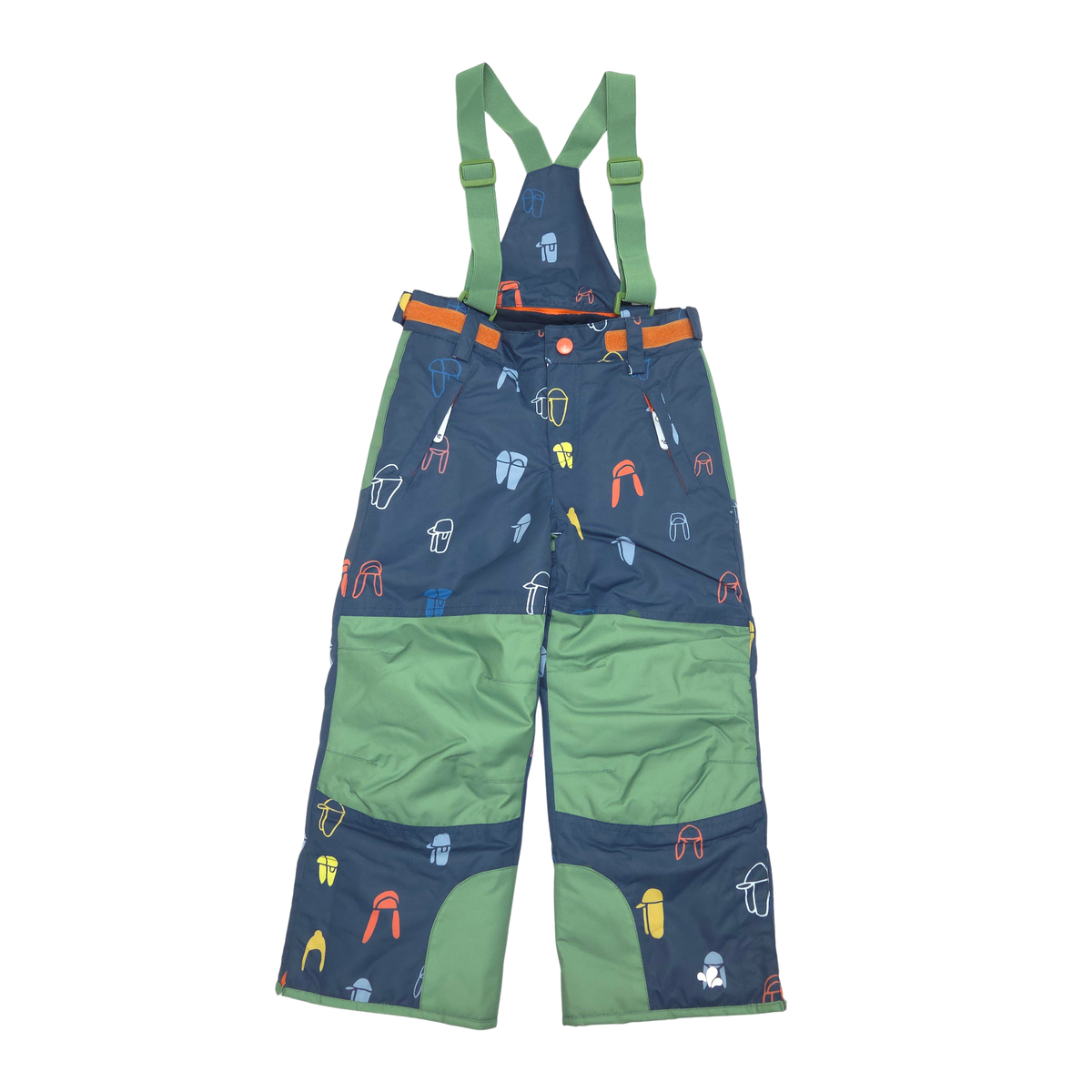 A pair of children's snow bib overalls in navy blue and green, featuring an all-over space-themed print of rockets, spaceships, and astronauts. The bib has green shoulder straps, a matching green waist belt with orange accents, and green reinforced knee patches.
