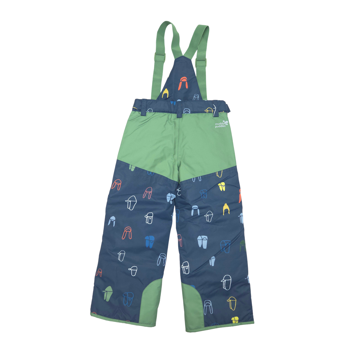 A pair of children's snow bib pants in navy blue and light green, featuring a pattern of small snow gear icons on the navy sections and green suspenders.