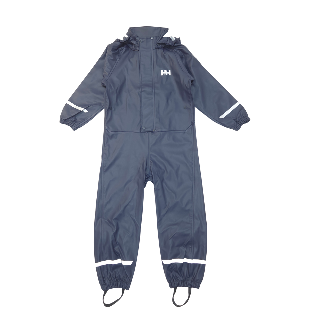 A dark slate blue waterproof one-piece jumpsuit with white reflective stripes on the sleeves and legs, featuring a white Helly Hansen 'HH' logo on the left chest, displayed on a solid white background.