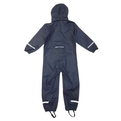 A navy blue hooded rain suit with white reflective striping on the sleeves and legs, shown flat against a white background.