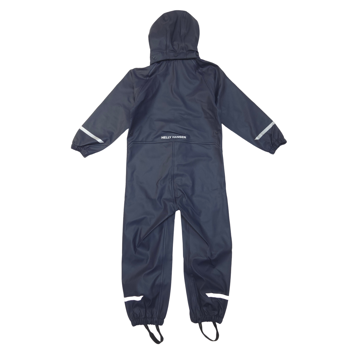 A navy blue hooded rain suit with white reflective striping on the sleeves and legs, shown flat against a white background.