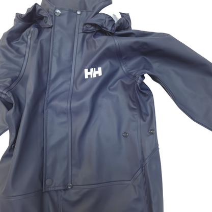A navy blue Helly Hansen rain suit with a white 'HH' logo on the chest, shown against a plain white background.