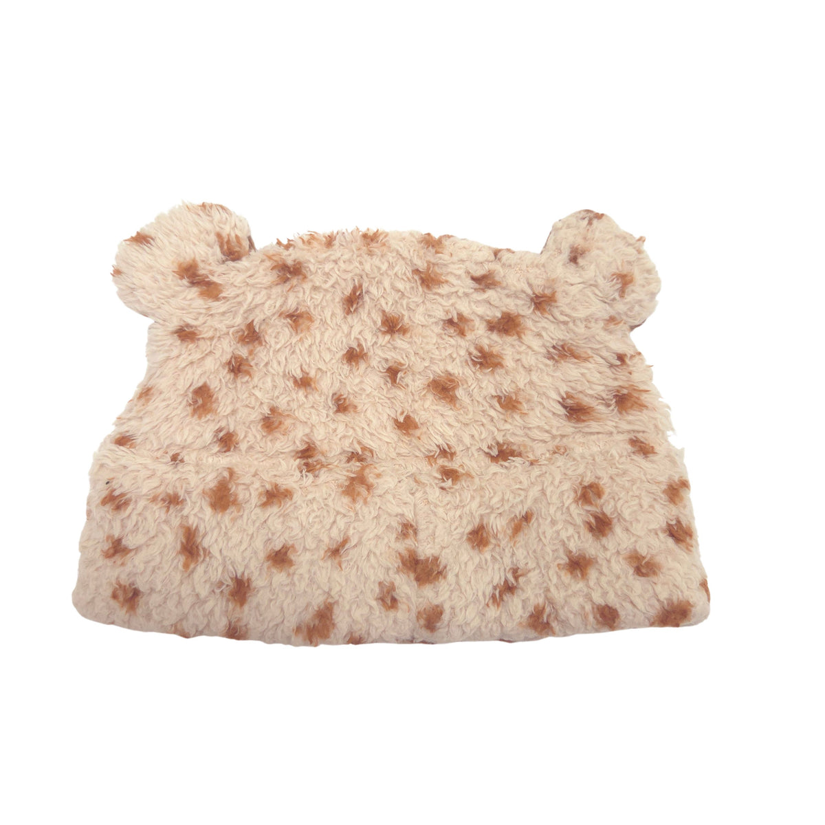 A plush, fuzzy bear-shaped pouch or clutch in a warm cream color with brown spots, set against a plain white background.