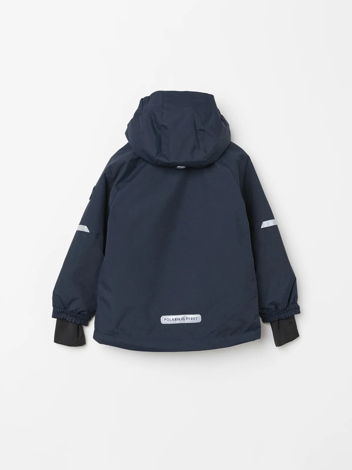 A navy blue Polarn O. Pyret winter hooded jacket shown from the back, featuring white reflective stripes on the sleeves and a white 'roundedtrail' brand patch near the bottom hem, displayed on a clean white background. 