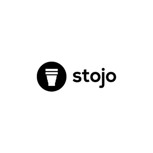 Black 'stojo' logo on a white background