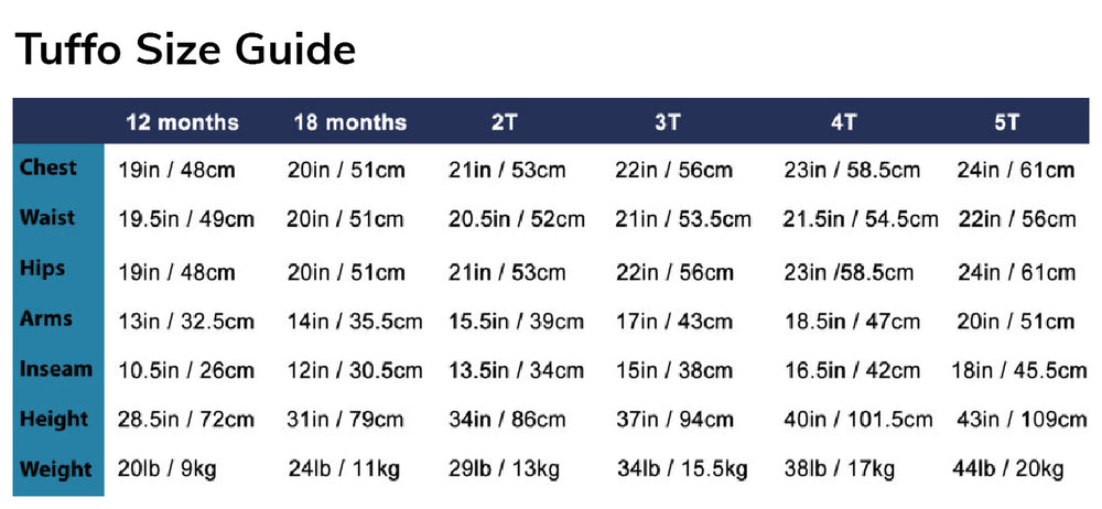 Tuffo Size Guide chart for children's clothing with measurements in inches and centimeters.