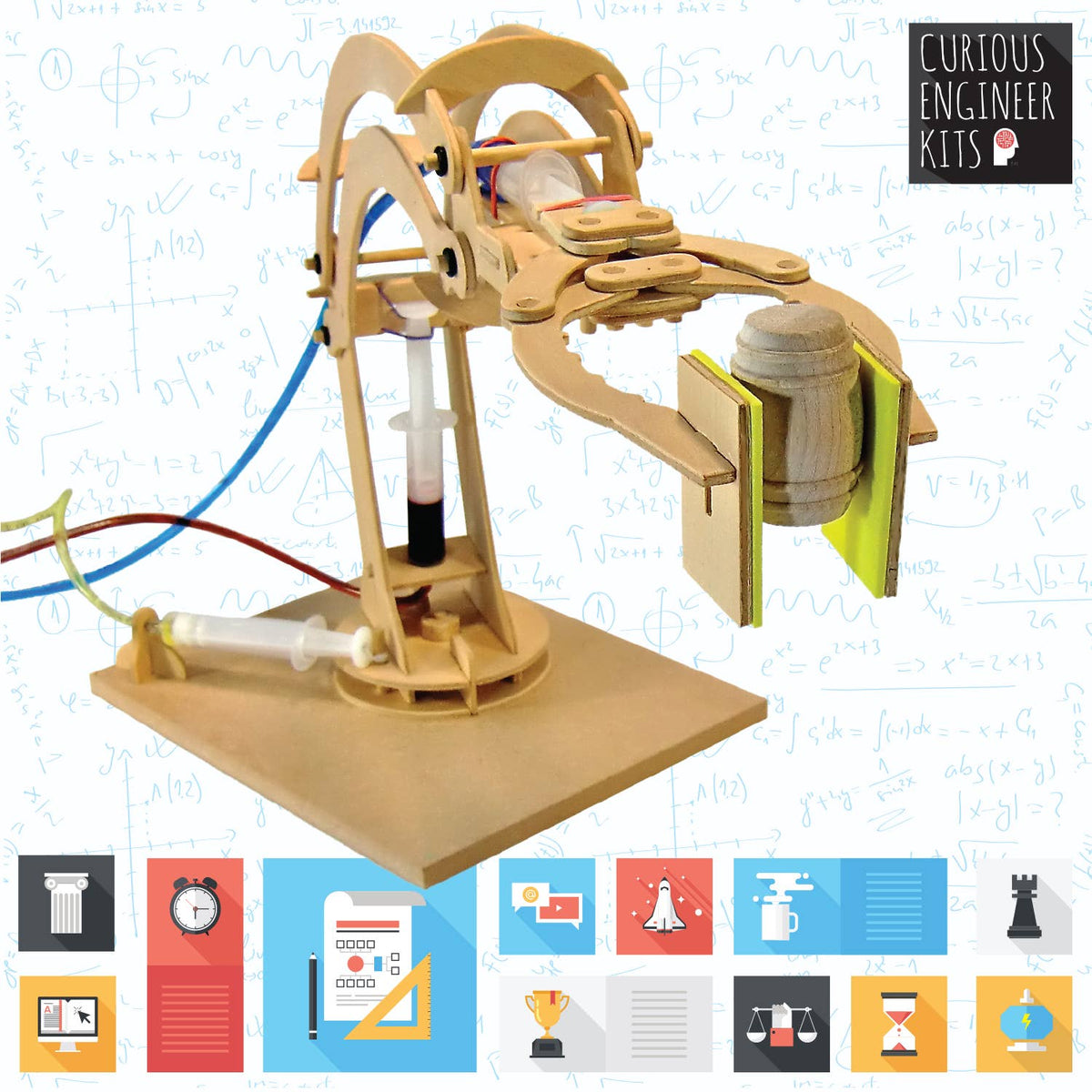 Wooden mechanical model kit with Curious Engineer Kits branding on a light background