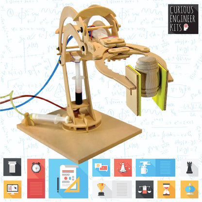 Wooden mechanical model kit with Curious Engineer Kits branding on a light background