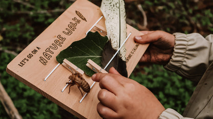 Wooden nature explorer tool with a leaf and insect, held by a person in a natural setting.