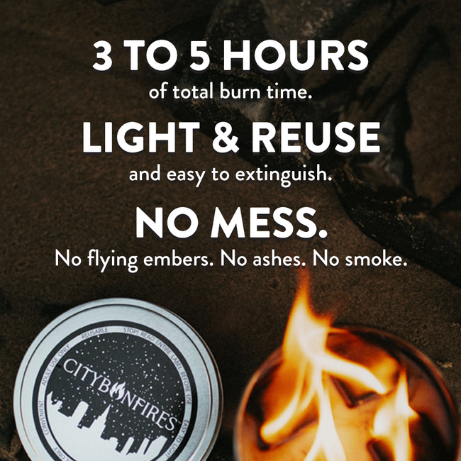 Advertisement for City Bonfires product with text about burn time, ease of use, and features.