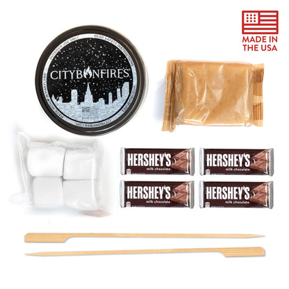 City Bonfires product set with Hershey's chocolate bars and other items on a white background.